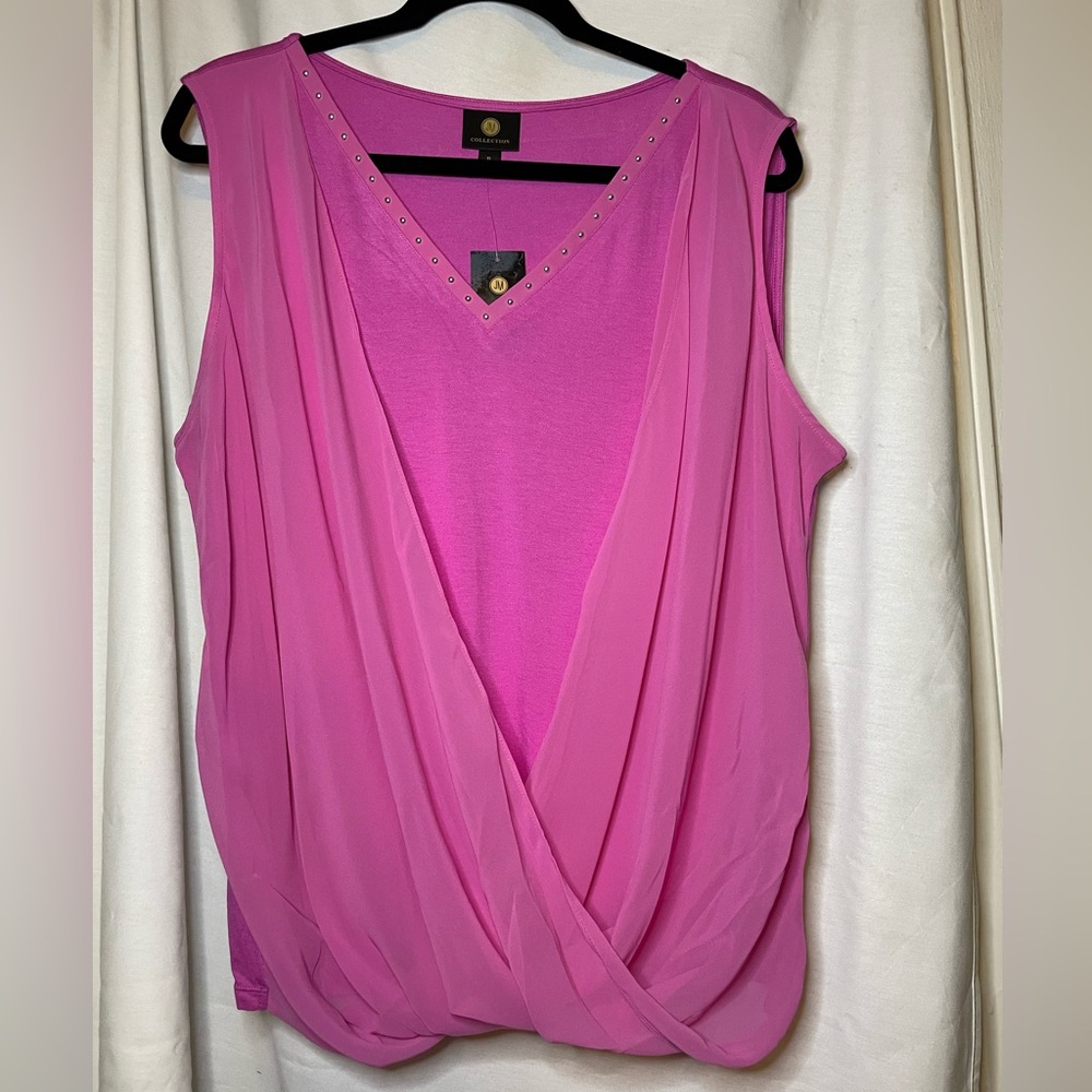 NWT JM Collection Fuchsia Pink Sleeveless Blouse w Sheer Overlay & Studs Size XL